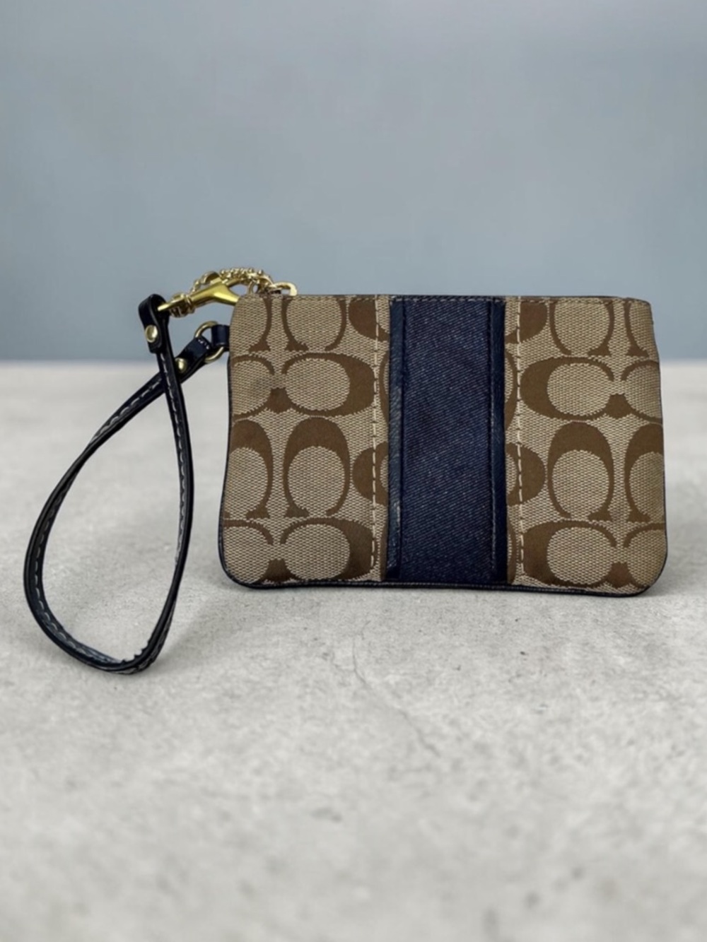Coach Signature Navy Blue Striped Corner Zip Wristlet